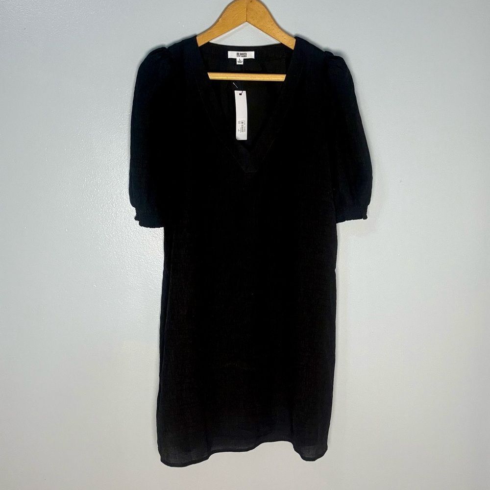NEW Steve Madden Smocked Ruffle Puff Sleeve Black Mini Dress | L